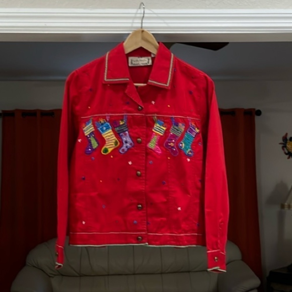 Life Style Denim Christmas Holiday Stocking Embroidery Jean Jacket Size S
